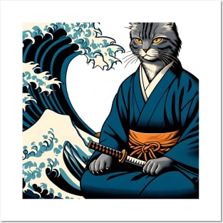 Vaporwave Samurai Cat Great Wave Off Kanagawa Posters and Art